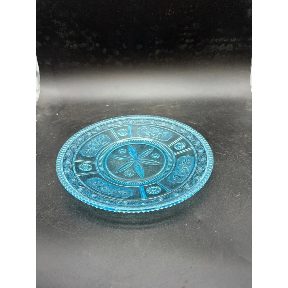 Vintage Blue Depression Glass Plate Floral Starburst Pattern 6 Inch Aqua Pressed